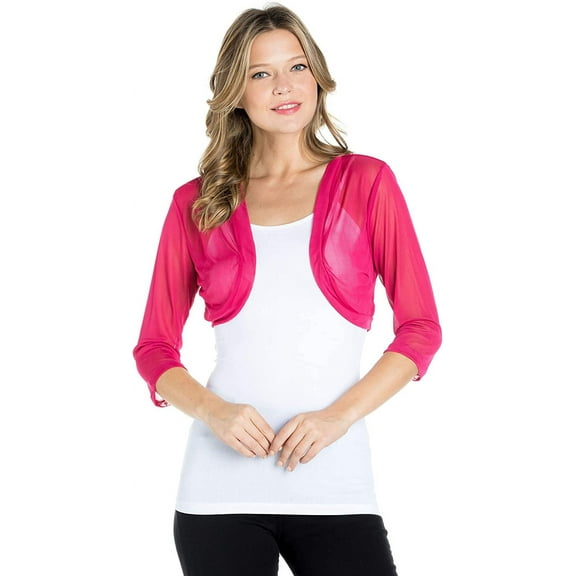 Fashion Secrets Junior's Sheer Chiffon Bolero Shrug Jacket Cardigan 3/4 Sleeve (Medium, Magenta)