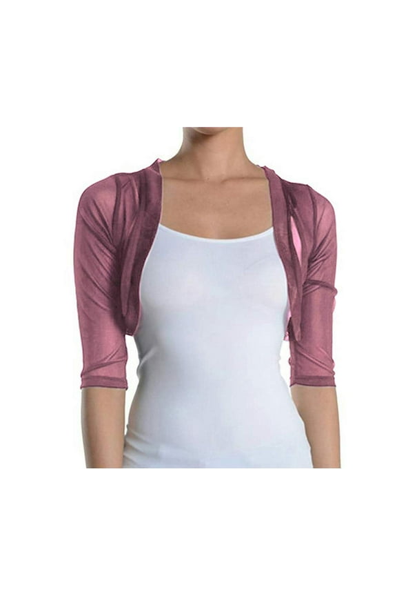 Junior's Sheer Chiffon Bolero Shrug Jacket Cardigan 3/4 Sleeve (Medium, Mauve)