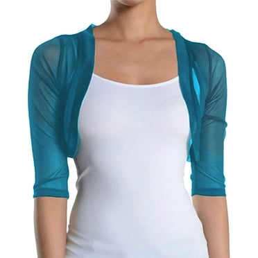 Fashion Secrets Women's Teal Green 3/4 Sleeve Bolero Shrug – Chiffon Cardigan – Cropped – Fitted