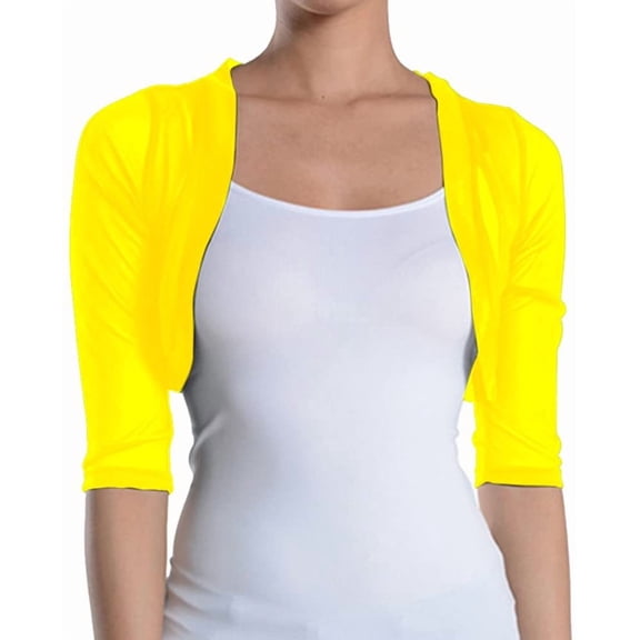 Fashion Secrets Junior's Sheer Chiffon Bolero Shrug Jacket Cardigan 3/4 Sleeve (Small, Yellow)