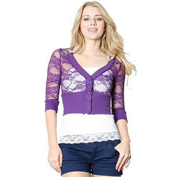 Fashion Secrets Juniors Closed Front 3/4 Sleeve Smoked Lace Bolero Shrug Cardigan (Purple, Large)