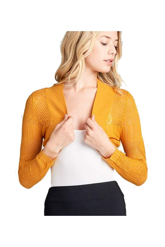 Juniors Long Sleeve Jacquard Texture Shrug Bolero, Cropped Sweater Short Cardigan (Large, Mustard)