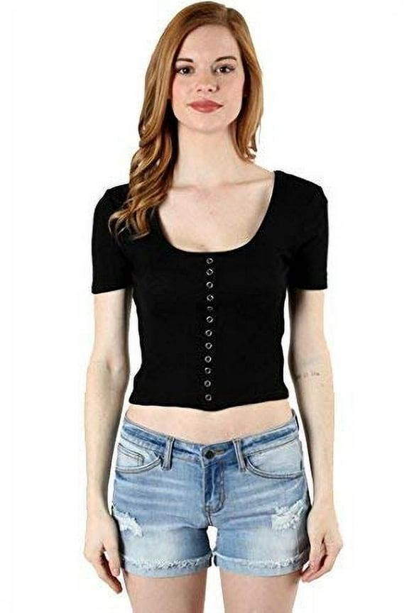 Juniors Ribbed Scoop Neck With Faux Snap Button Crop Top Shirt (Black, Large)