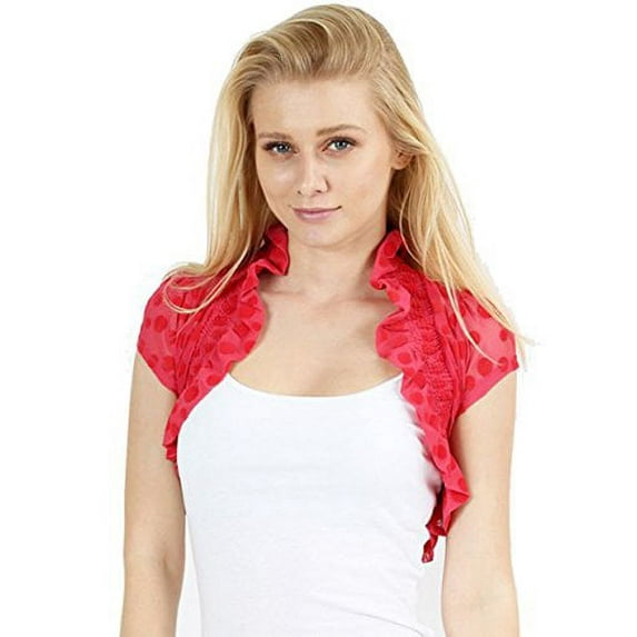 Fashion Secrets Juniors Short Sleeve Lace Bolero Shrug Cardigan (Juniors' Small, Polka Dots Red)