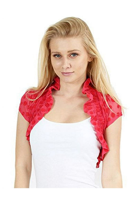 Juniors Short Sleeve Lace Bolero Shrug Cardigan (Juniors' Small, Polka Dots Red)