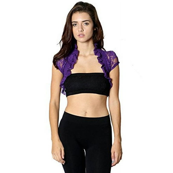 Fashion Secrets Juniors Short Sleeve Lace Bolero Shrug Cardigan (Medium, Purple)