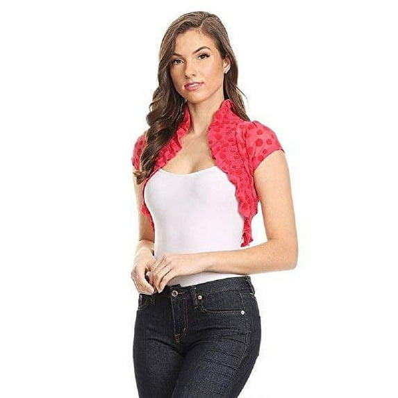 Fashion Secrets Juniors Short Sleeve Lace Bolero Shrug Cardigan (Polka Dots Red, Juniors`Large)