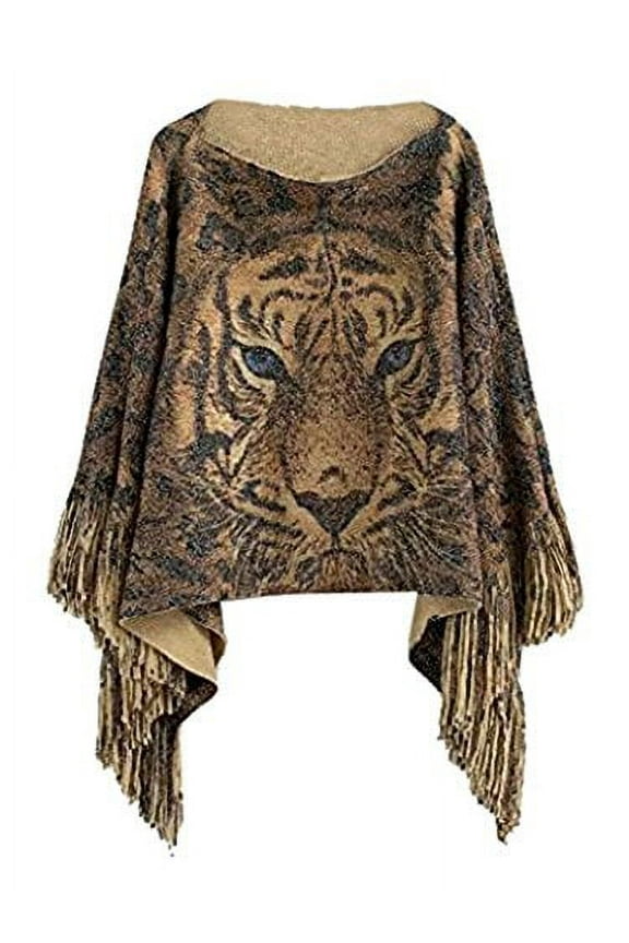 Tiger Animal Print Sweater Poncho Cape Cardigan with Fringes