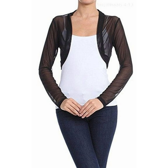Fashion Secrets Women Long Sleeve Sheer Chiffon Bolero Shrug Cardigan (Large, Black)