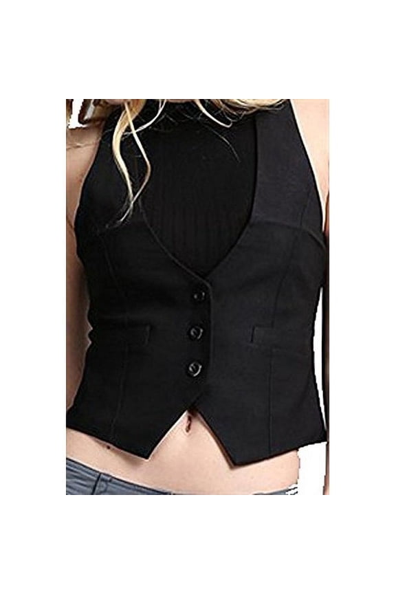 Women Racerback Satin Back Waistcoat Black Vest (Large, Black)