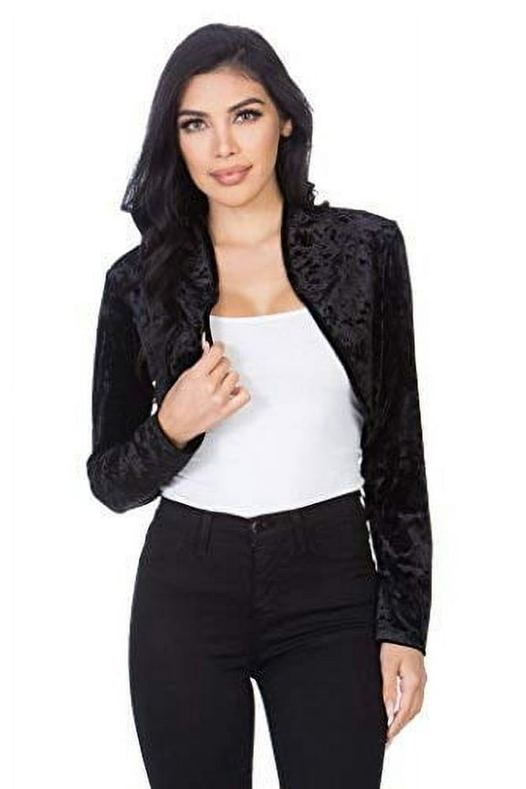 Women`s Collarless Open Front Velvet Bolero Shrug Cardigan Cropped Jacket (Black, X Large)