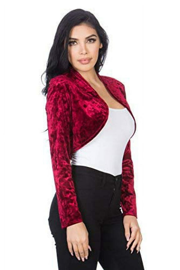 Women`s Collarless Open Front Velvet Bolero Shrug Cardigan Cropped Jacket (Burgundy Red, Medium)