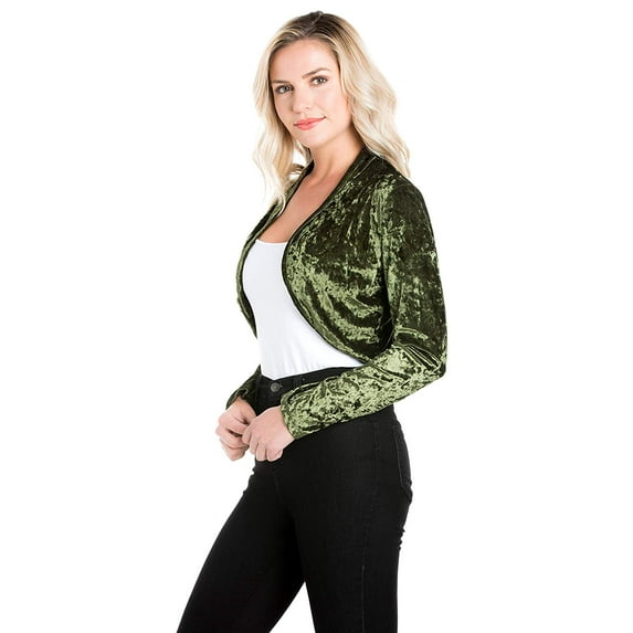 Fashion Secrets Women`s Collarless Open Front Velvet Bolero Shrug Cardigan Cropped Jacket (X Large, Olive)