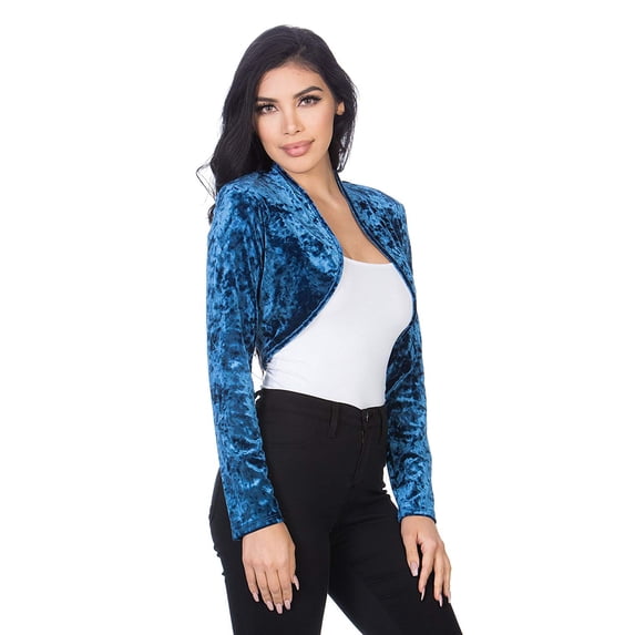 Fashion Secrets Women`s Collarless Open Front Velvet Bolero Shrug Cardigan Cropped Jacket (XXX Large, Denim Blue)