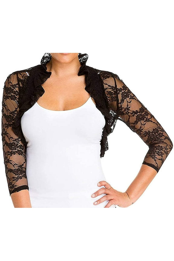 Women's Ruffle Collar 3/4 Sleeve Smocked Lace Bolero Shrug Cardigan Top (Black, XXX Large)