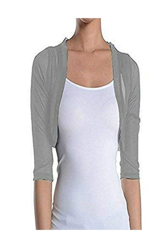 Women's Sheer Chiffon Bolero Shrug Jacket Cardigan 3/4 Sleeve (Grey, X-Large)