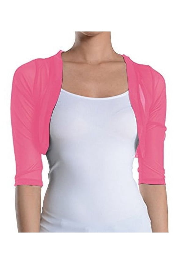 Women's Sheer Chiffon Bolero Shrug Jacket Cardigan 3/4 Sleeve (Medium, Pink)