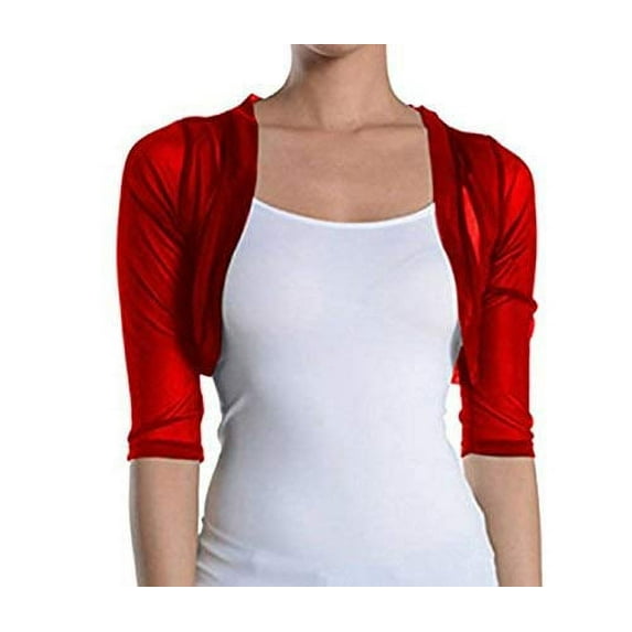 Fashion Secrets Women's Sheer Chiffon Bolero Shrug Jacket Cardigan 3/4 Sleeve (Red, Medium)