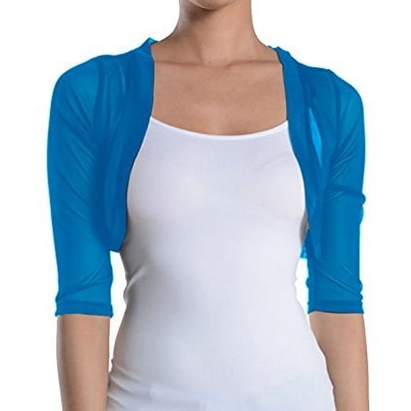 Fashion Secrets Women's Sheer Chiffon Bolero Shrug Jacket Cardigan 3/4 Sleeve (Small, Turquoise)