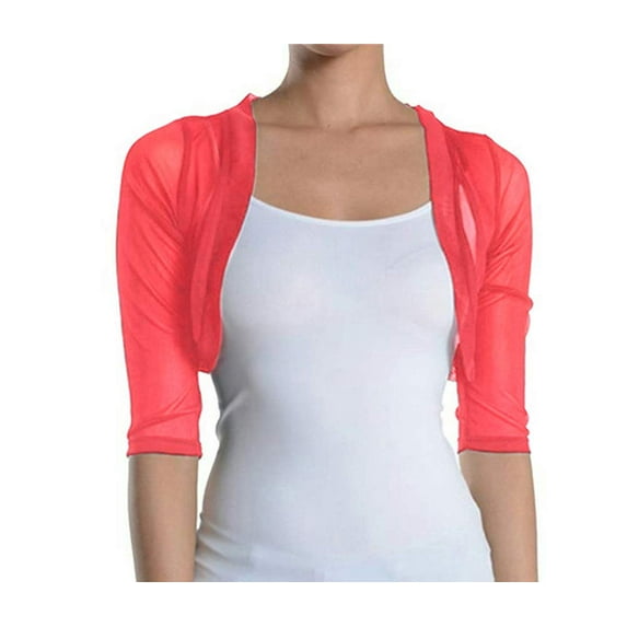 Fashion Secrets Women's Sheer Chiffon Bolero Shrug Jacket Cardigan 3/4 Sleeve (X Small, Coral)