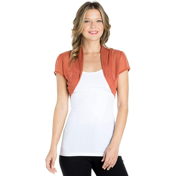 Fashion Secrets Women's Short Sleeves Sheer Chiffon Bolero Shrug Short Cardigan (Medium, Orange)