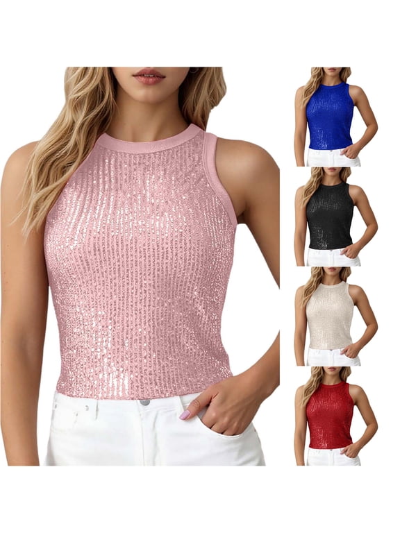 Fashion Sequin Camisole Summer Sleeveless Tank Top with Glitter Rhinestone Spaghetti Strap for Casual Party Wear Big Tops XL
