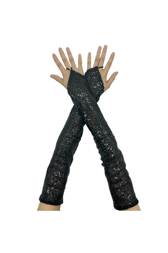 Fashion Sequins Lace Fingerless Gloves Sparkly Glitter Gloves for Performances Wedding Black One Size
