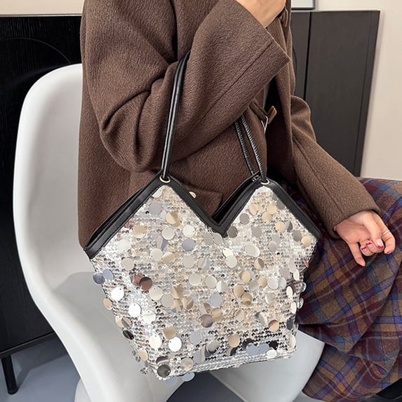 Fashion Sequins Small Tote Bag for Women, Trendy Casual Shoulder Bag, Versatile Crossbody Purse, Lightweight Handbag, Easter Decor, Stylish Texture Bag for Shopping Travel Party, 8.3*5*11.4in, Silver