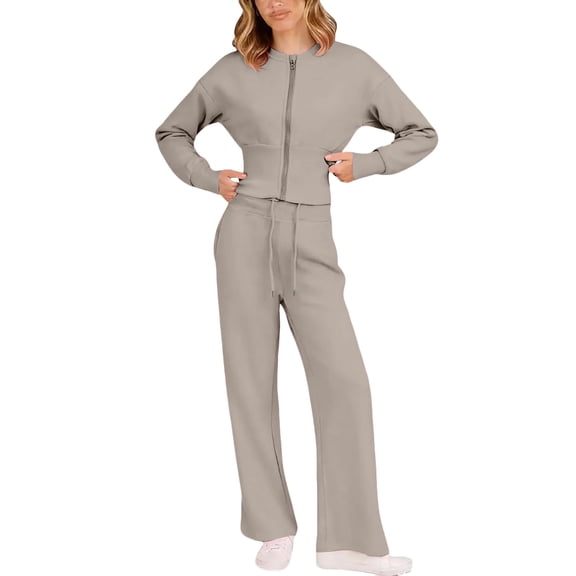 Fashion Set For Women Autumn New Slim O Neck Zipper Coat Top Wide Leg Pants Two Piece Set Leisure Sportswear Sets Outfits