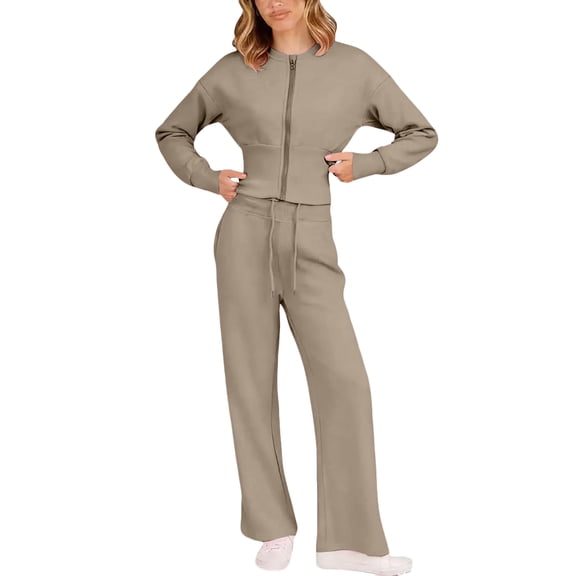 Fashion Set For Women Autumn New Slim O Neck Zipper Coat Top Wide Leg Pants Two Piece Set Leisure Sportswear Sets Outfits