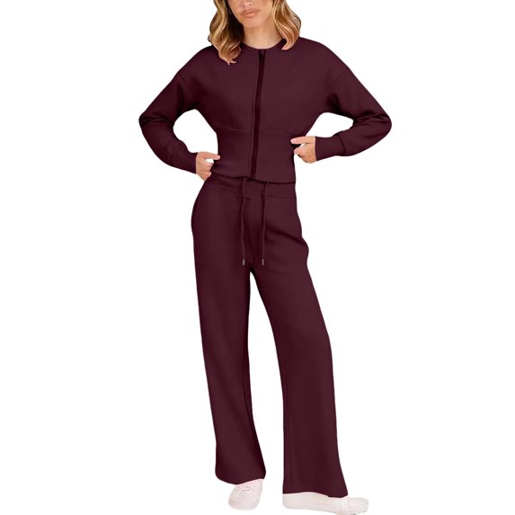 Fashion Set For Women Autumn New Slim O Neck Zipper Coat Top Wide Leg Pants Two Piece Set Leisure Sportswear Sets Outfits