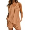 thumbnail image 1 of Fashion Sets 2 Piece Outfits,Linen Short Sets Women 2 Piece Outfits Vacation V Neck Halter Top Drawstring Shorts Lightweight Summer Matching Sets, 1 of 7