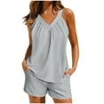 thumbnail image 1 of Fashion Sets 2 Piece Outfits,Linen Short Sets Women 2 Piece Outfits Vacation V Neck Halter Top Drawstring Shorts Lightweight Summer Matching Sets, 1 of 7