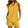 thumbnail image 1 of Fashion Sets 2 Piece Outfits,Linen Short Sets Women 2 Piece Outfits Vacation V Neck Halter Top Drawstring Shorts Lightweight Summer Matching Sets, 1 of 8