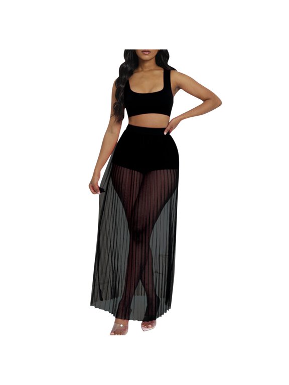 Fashion Sets 2 Piece Outfits,Mesh Pleated Sheer Skirt 3 Pieces Set Women See Through Flowy Maxi Skirt Outfit