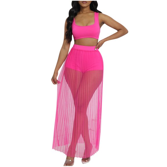 Fashion Sets 2 Piece Outfits,Mesh Pleated Sheer Skirt 3 Pieces Set Women See Through Flowy Maxi Skirt Outfit