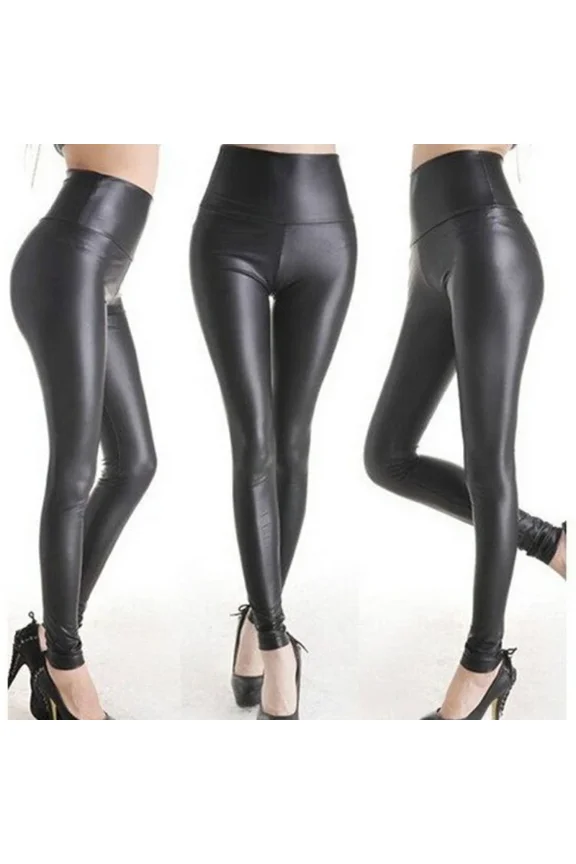 Fashion Sexy Black Shiny Metallic High Waist legging Pantalones Women Stretchy Leather Leggings Pants Stretchy Pants