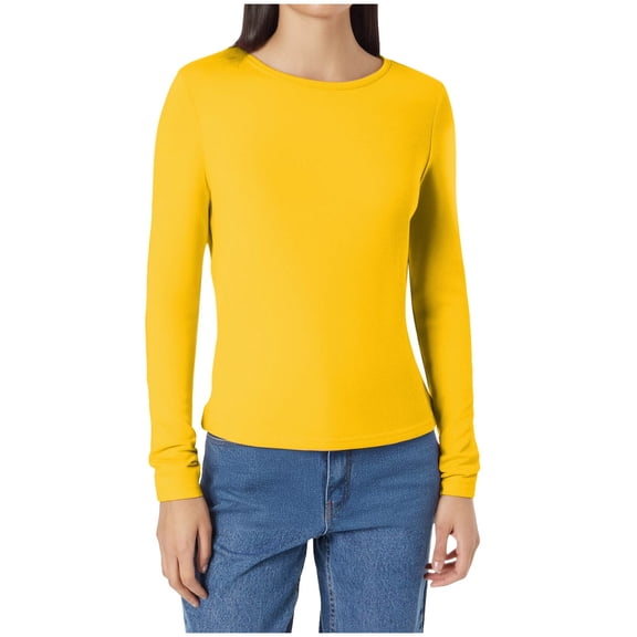 Fashion Sexy Tops For Women Sexy Casual Long Sleeve Crew-neck Yellow Tee Tshirt Blouses XS-L