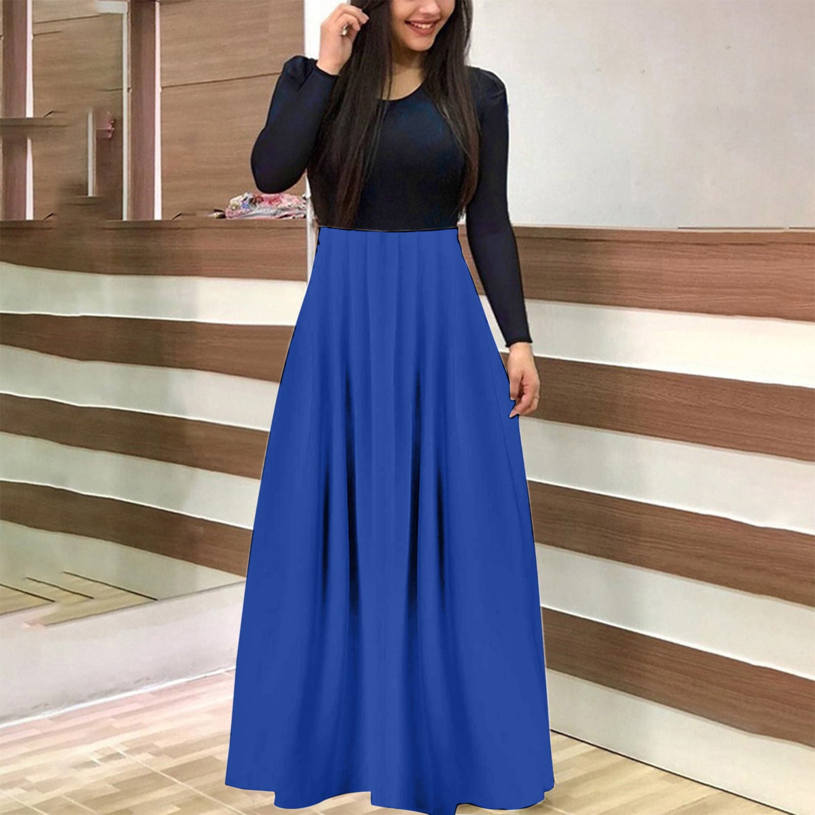 acelimosf™-Round Neck Printed Long Sleeve Slim Belted Women's Dress main image 1