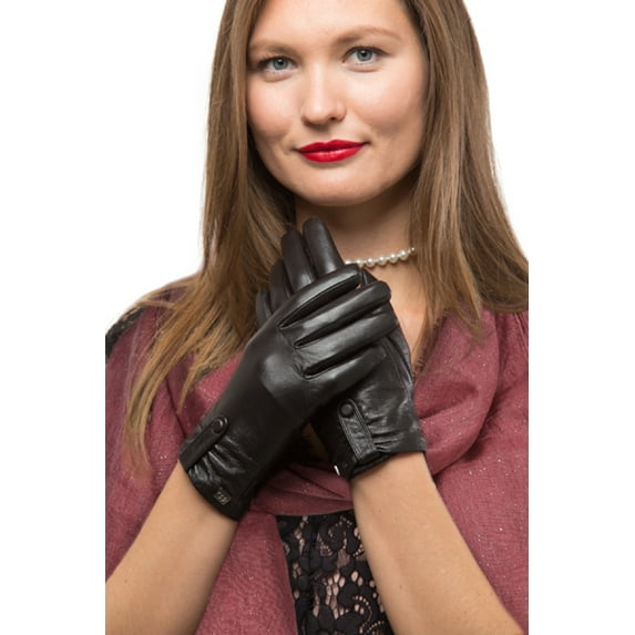 Fashion Sheepskin Leather Gloves For Women, Cold Weather TouchScreen - Gathered Button Design - Thinsulate Lined Long Sleeve Gloves - Dark Chocolate - Large