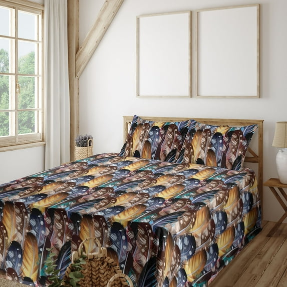 Ambesonne Fashion Fitted & Flat Sheet with Shams 4 Pcs Set, Multicolored Feathers Plot, King, Dark Mustard and Petrol Blue