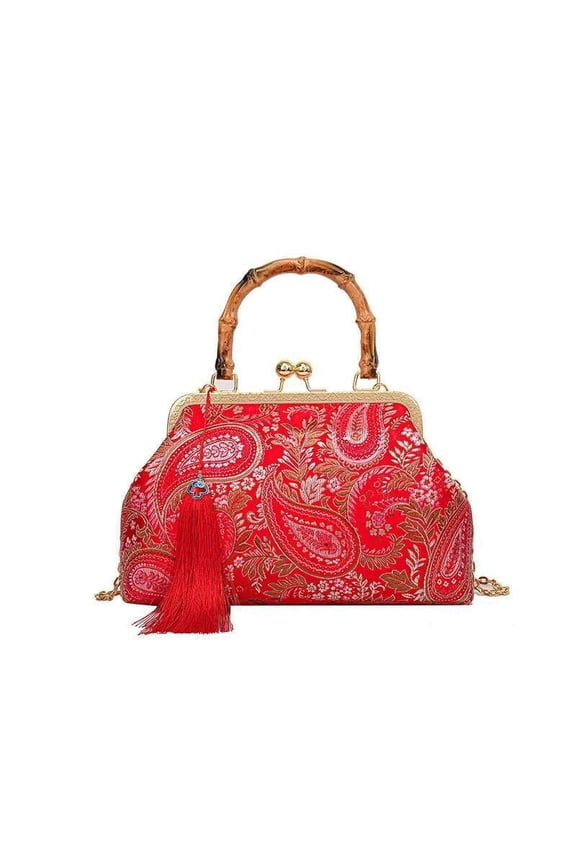 Fashion Shell Bag with Cashew wer Embroidery - Stylish Bamboo Handle Women's Crossbody Purse