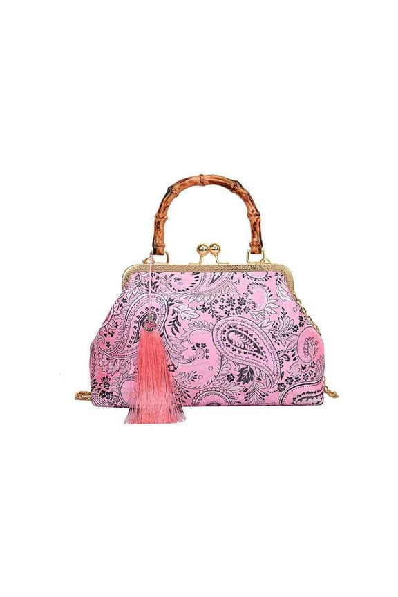 Fashion Shell Bag with Cashew wer Embroidery - Stylish Bamboo Handle Women's Crossbody Purse