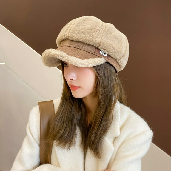 Fashion Sherpa Fleece Newsboy Cap Women Winter Warm Plush Octagonal Hat Painter Artist Hat French Fuzzy Caps