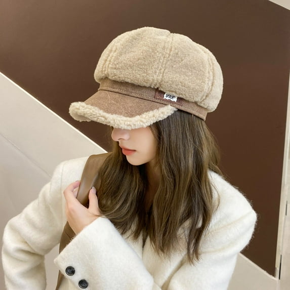 Fashion Sherpa Fleece Newsboy Cap Women Winter Warm Plush Octagonal Hat Painter Artist Hat French Fuzzy Caps