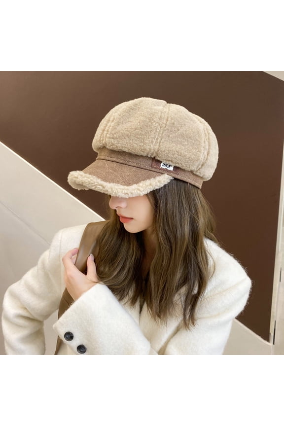 Fashion Sherpa Fleece Newsboy Cap Women Winter Warm Plush Octagonal Hat Painter Artist Hat French Fuzzy Caps