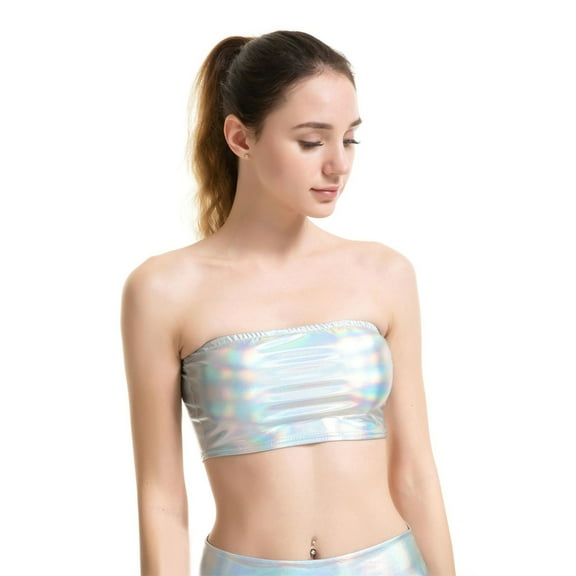 Fashion Shinning Metallic Strapless Crop Tube Top for Women Sleeveless Backless Bandeau Bustier Vest Party Clubwear