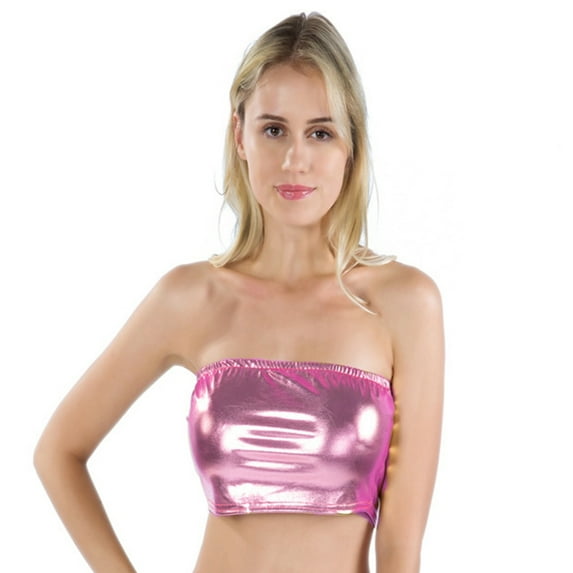Fashion Shinning Metallic Strapless Crop Tube Top for Women Sleeveless Backless Bandeau Bustier Vest Party Clubwear