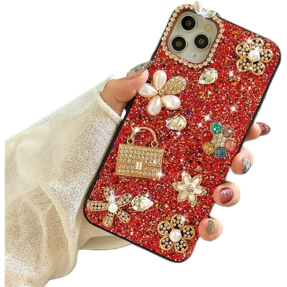 Fashion Shiny Diamond Encrusted Phone case Thin and Light Shockproof Soft Bumper for iPhone 12 13 11 14 Pro Max Mini XR X XS 7 8 14 Plus SE Protective Back Cover(Red,iPhone 11 Pro Max)
