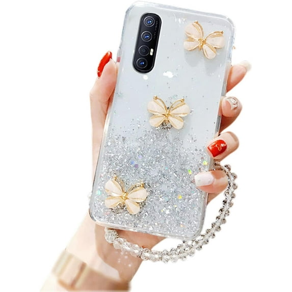 Fashion Shiny Exquisite Butterfly TPU Phone case for Samsung Galaxy A12 A22 A32 A42 A52 S A72 4G 5G Protective Cover Popular Thin Light Clear Glittering Sequins Bumper(White,A32 4G)